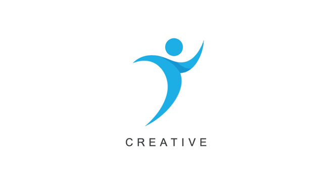 A minimalist logo features a stylized blue human figure in a dynamic upward reaching pose with the word creative