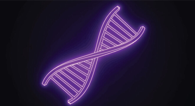 A glowing purple neon representation of a dna double helix structure against a dark background