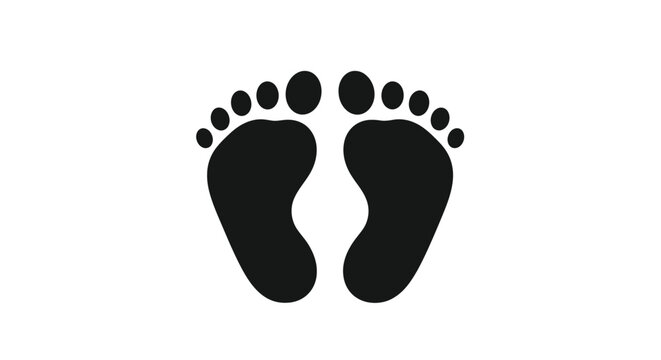 A stark black and white illustration depicting two human footprints facing opposite directions on a white background