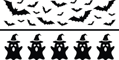 bat silhouette, ghost silhouette, halloween, halloween bats, halloween ghosts, black silhouette, white background, isolated, vector illustration, spooky, scary, night, flying bats, witch hat, ghostly, © MDSHAHINUR
