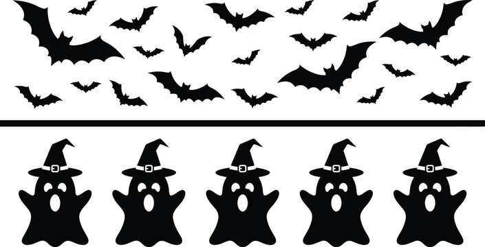 bat silhouette, ghost silhouette, halloween, halloween bats, halloween ghosts, black silhouette, white background, isolated, vector illustration, spooky, scary, night, flying bats, witch hat, ghostly,