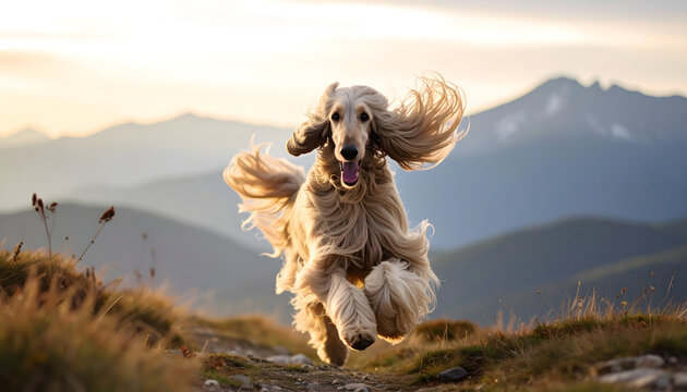 Afghan Hound running on a hilltop with its long silky coat blowing sideways in the wind against a mountain range generative AI