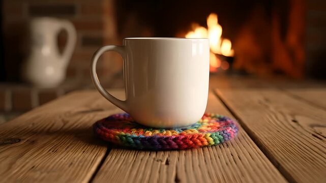 Taza blanca sobre posavasos de ganchillo arco&iacute;ris frente a chimenea encendida. Ambiente acogedor para el D&iacute;a de la Madre, descanso matutino y calidez hogare&ntilde;a en invierno.