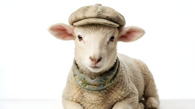 Adorable white lamb wearing a cap and a floral collar, lying down on white background, photo
