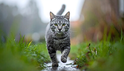 Obraz premium Korat cat dashing through a rain slicked garden with heart shaped face and silver sheen reflecting the overcast grey sky generative AI