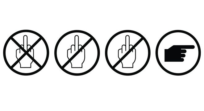 A series of black and white circular signs depicting offensive gestures and a pointing hand
