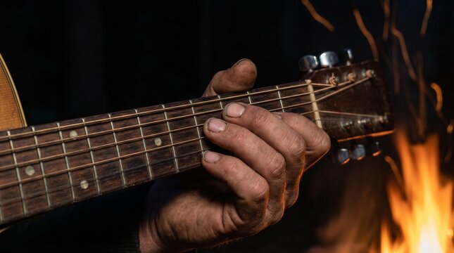 Close-up of hands playing an acoustic guitar by the light of a summer campfire