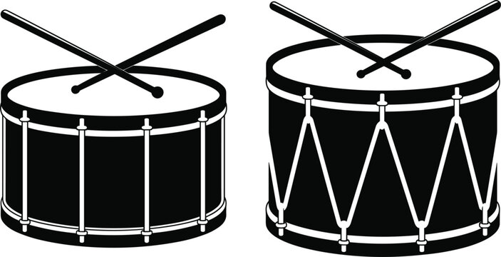 Snare drum illustrations with crossed sticks representing rhythm, percussion music, and marching band performance elements
