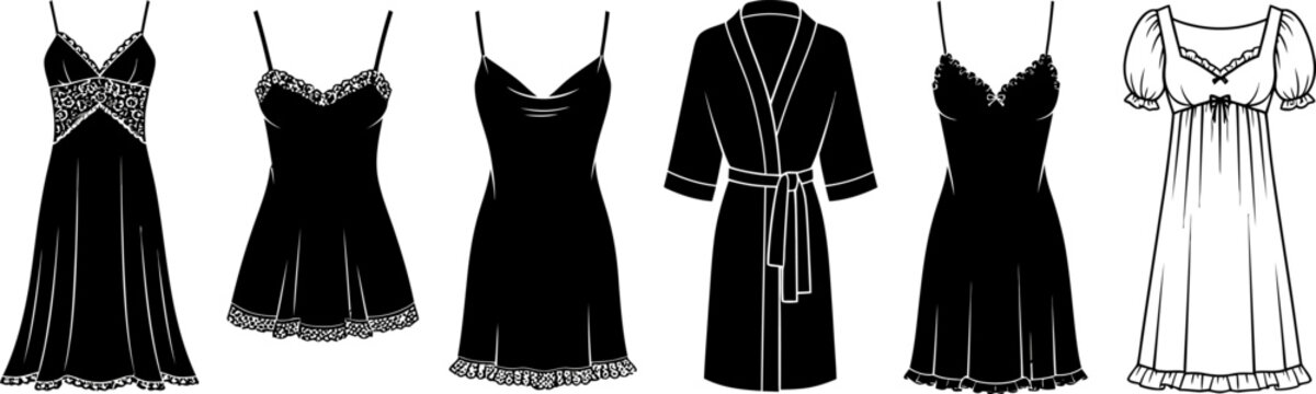 Set of elegant women lingerie and nightgowns as black vector flat silhouettes in eps file.