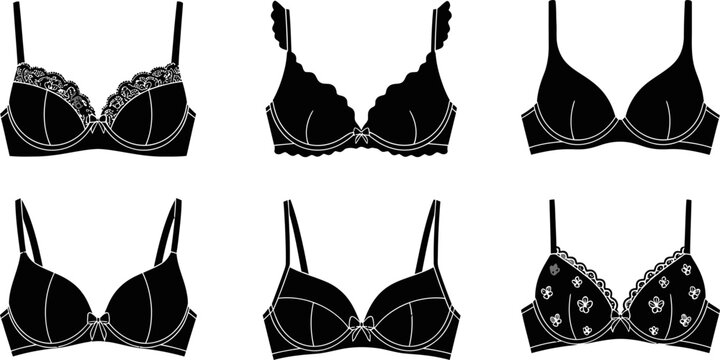 Assortment of black bra icons in various styles in vector format eps.