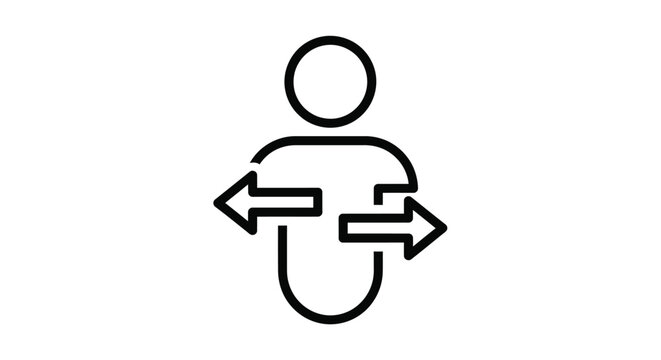 A simple black linear icon depicting a person with opposing arrows suggesting choice or direction