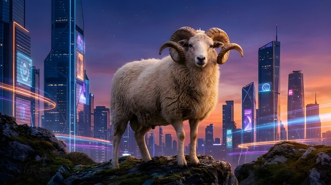 Majestic white ram standing on rocky outcrop with futuristic cityscape and neon lights at dusk, illustration