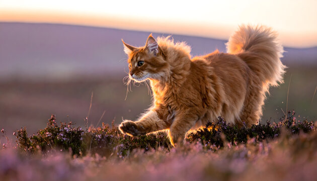 Somali cat with vibrant red fox like coat galloping across moorland at sunset with bushy tail streaming like a flame generative AI