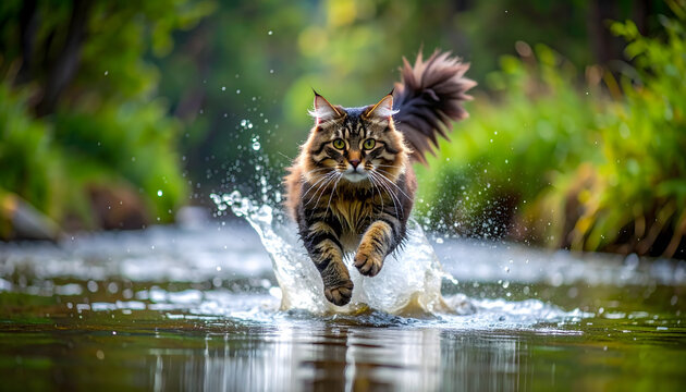Siberian cat leaping across a shallow forest river with its thick triple coat water resistant fur and splashing droplets midair generative AI