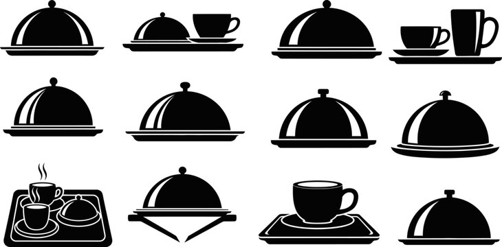 Collection of restaurant serving domes with coffee cups for professional hospitality use eps.
