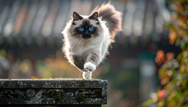 Birman cat leaping from a stone ledge with white gloves and blue eyes against a soft focus oriental garden background generative AI