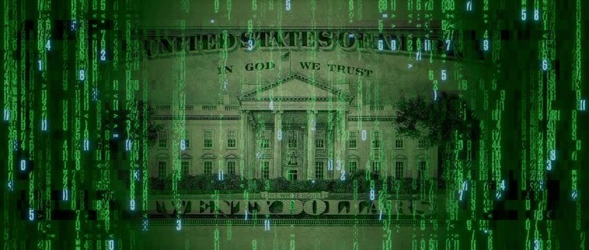 Digital Cash Concept with Twenty Dollar Bill made up of Animated Code. Innovative Banking Wallpaper.