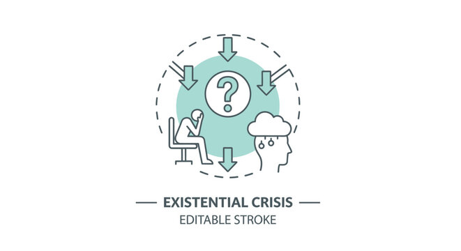 An illustration depicts an existential crisis with a questioning mind and a person in despair