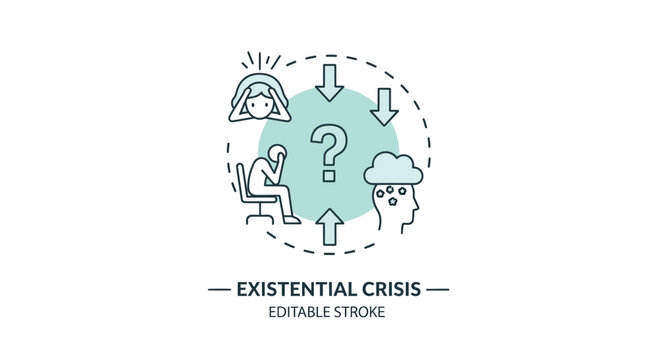 An illustration depicts an existential crisis with a person questioning their purpose and feeling overwhelmed