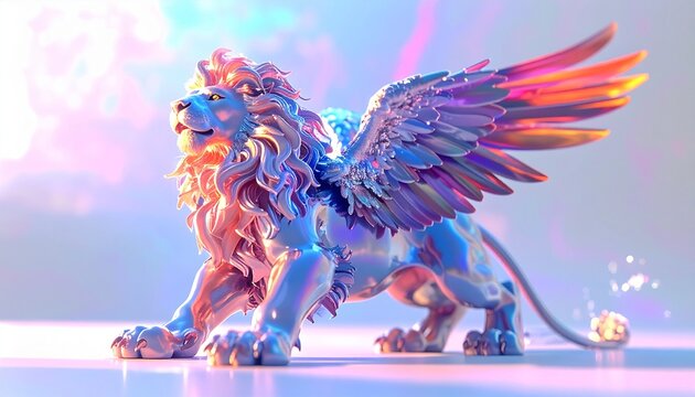 Majestic Winged Lion - A Colorful Fantasy Creature in Digital Art.