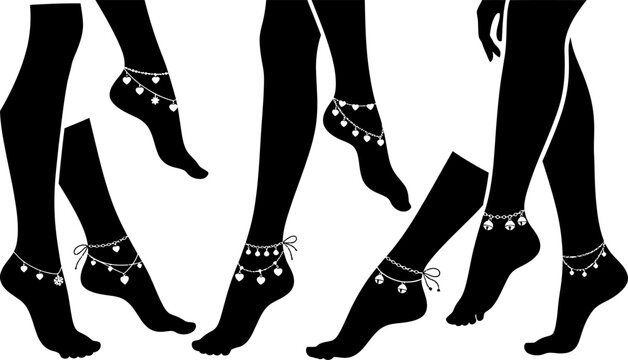Set of female legs wearing silver anklets eps silhouettes collection for fashion designs.