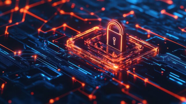 Cybersecurity concept with glowing digital lock on circuit board