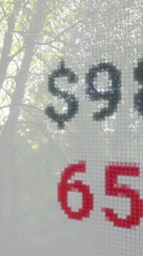 Vertical video: Camera panning dot-matrix panel, showing colored digits with trees, showing markets