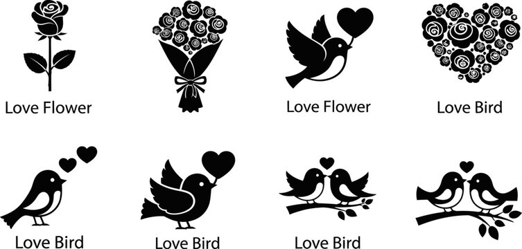Valentine love bird and rose flower collection eps silhouettes for romantic occasions.