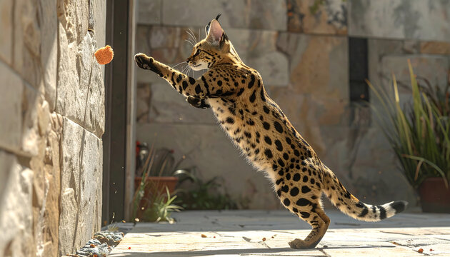 Savannah cat performing an incredible vertical leap in a stone courtyard showing long legs and dark spots in dramatic sunlight generative AI