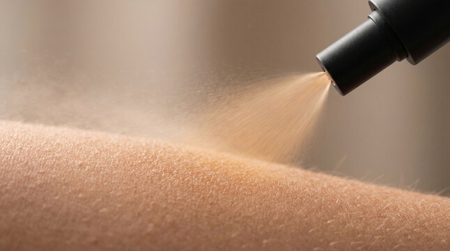 Close-up of professional sunless tanning solution being sprayed onto skin, concept of even pigmentation and balanced cosmetic glow