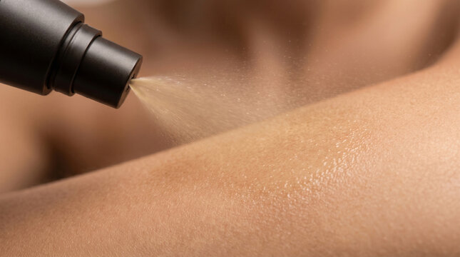 Close-up of professional sunless tanning solution being sprayed onto skin, concept of even pigmentation and balanced cosmetic glow
