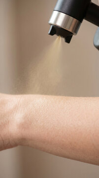 Close-up of professional sunless tanning solution being sprayed onto skin, concept of even pigmentation and balanced cosmetic glow