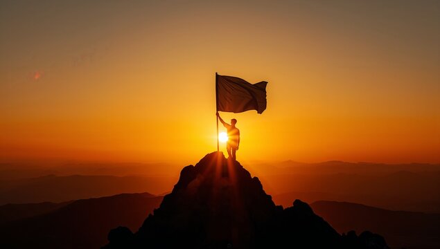 Person Holding Flag at Sunrise Over Mountain Peak with Silhouette