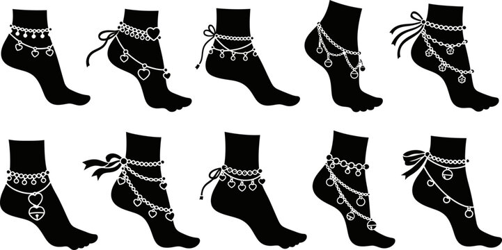 Anklet jewelry on female feet silhouettes for fashion and beauty catalog vector eps set.
