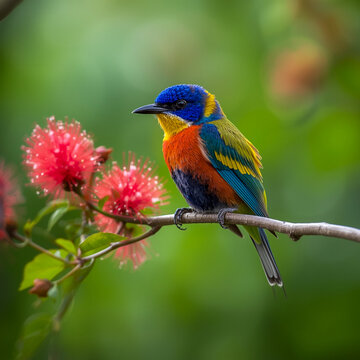 A vibrant, highly detailed bird perched on a thin branch beside red fluffy flowers. The bird has strikingly colorful plumage&mdash;royal blue head, bright orange chest, deep blue wings with yellow highlight