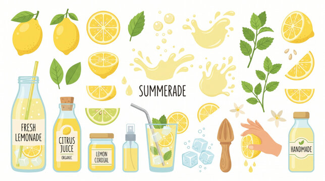 Fresh Lemon Citrus Vector Set with Slices Leaves Juice Splashes and Bottles Flat Illustration