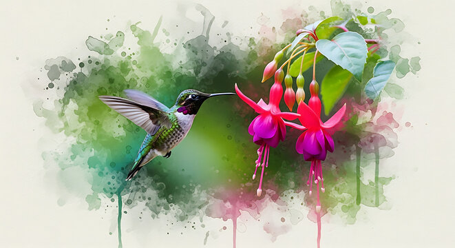 Hummingbird sipping nectar from pink flower