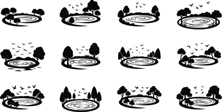 Set of black and white silhouettes of a pond with trees and birds, vector eps file.