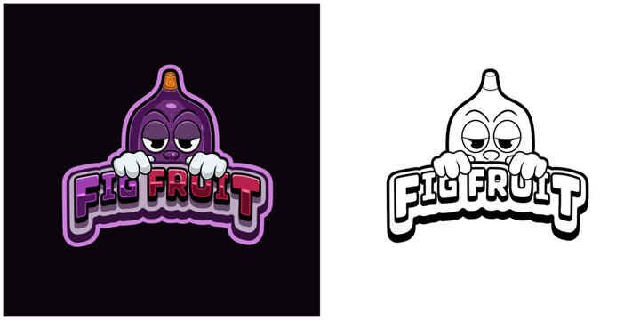 Fig fruit cartoon logo with text and a high expression. Full color and black and white design.
