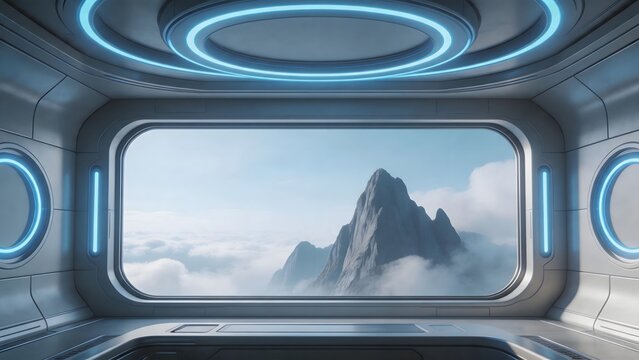 Futuristic room with mountain view