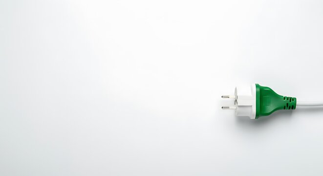 Minimalist Electric Plug, Green Power Concept, Clean White Background, Wide Side Copy Space