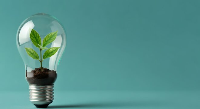 Minimalist Light Bulb With Green Plant Inside, Eco Innovation Concept, Clean Background, Wide Layout