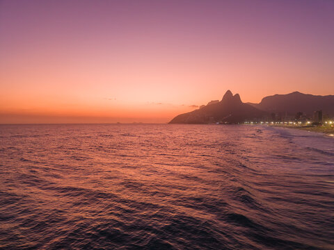 Beautiful aerial view to sunset in Ipanema Beach, Rio de Janeiro