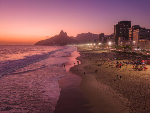 Beautiful aerial view to sunset in Ipanema Beach, Rio de Janeiro