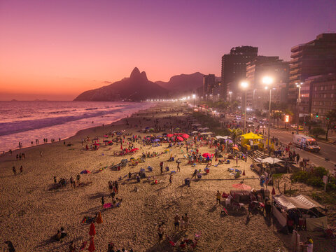 Beautiful aerial view to sunset in Ipanema Beach, Rio de Janeiro