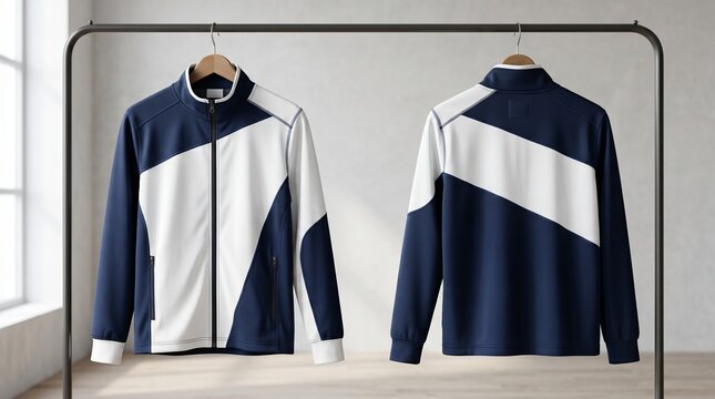 Two navy and white tracksuits on hangers in a
