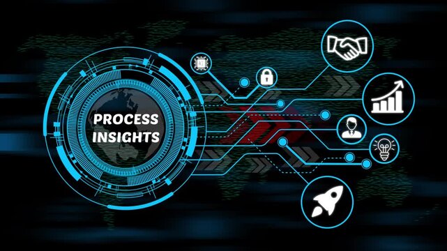 process insights digital ecosystem concept with smart technology, business icons and high-speed data network. 4k video animation on world map background. 