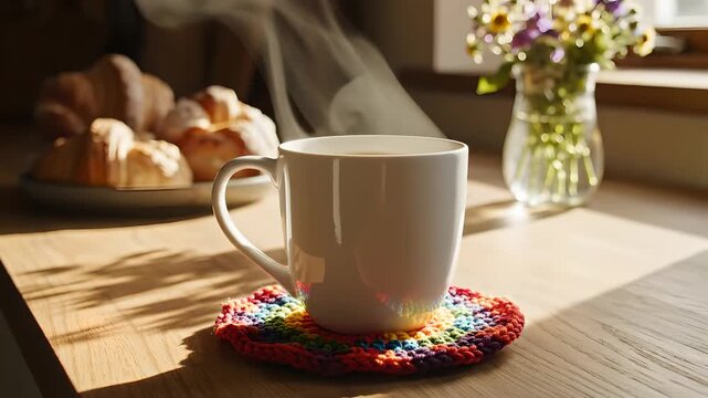 Taza de caf&eacute; humeante sobre posavasos arco&iacute;ris en desayuno acogedor con cruasanes y flores bajo luz solar. Ideal para marketing del D&iacute;a de la Madre, bienestar y calma matutina.