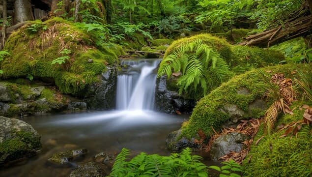 Serene Waterfall Cascading Through Lush Green Forest Landscape