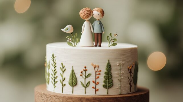 Rustic Wedding Cake with Handcrafted Topper. Couple Figurines with Bird and Botanical Decor for Nature-Themed Ceremony